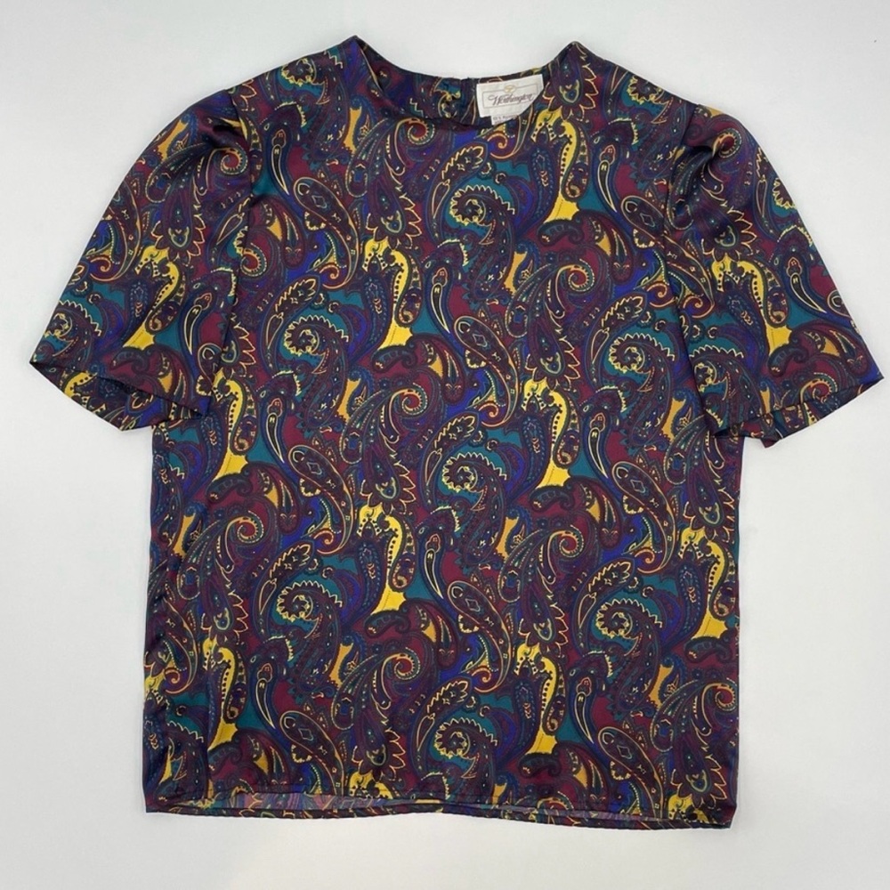 Vintage 90s Blouse Paisley Short Sleeve Quirky Jewel Tones Dark Academia‎ Women